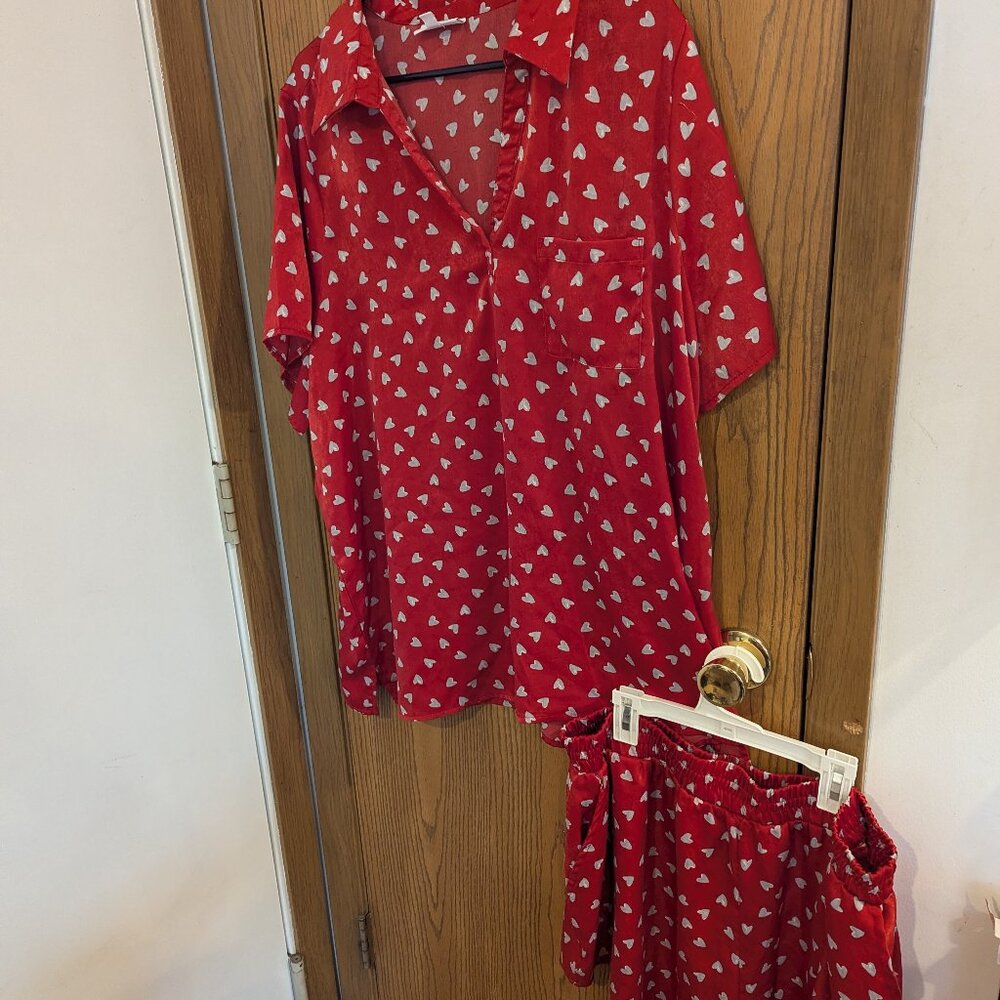 Bobeau Sleepwear Silky Heart Lounge Set Button Top Shorts Red-Women's Pajamas-1X